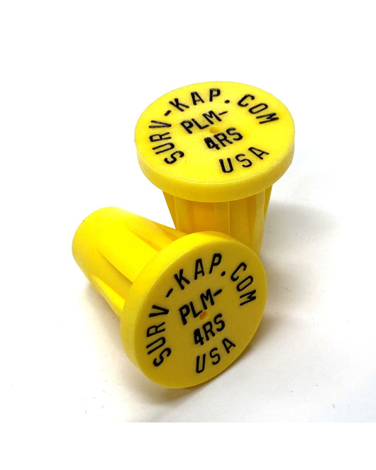 Ribbed Rebar Cap for 1/2" rebar with 1/8" radial outer ring and 2 interior lines of 1/8" lettering